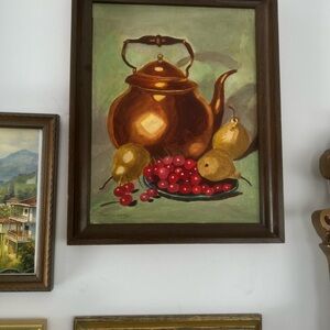 Vintage wood framed fruit and tea kettle art